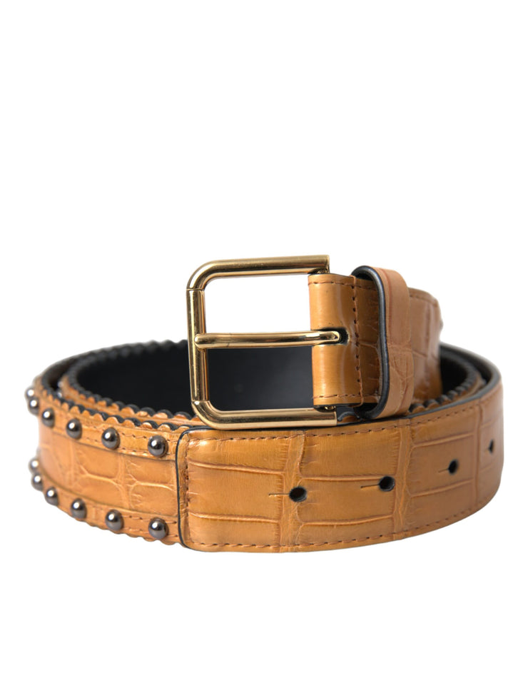 Dolce & Gabbana Beige Alligator Leather Studded Metal Buckle Belt