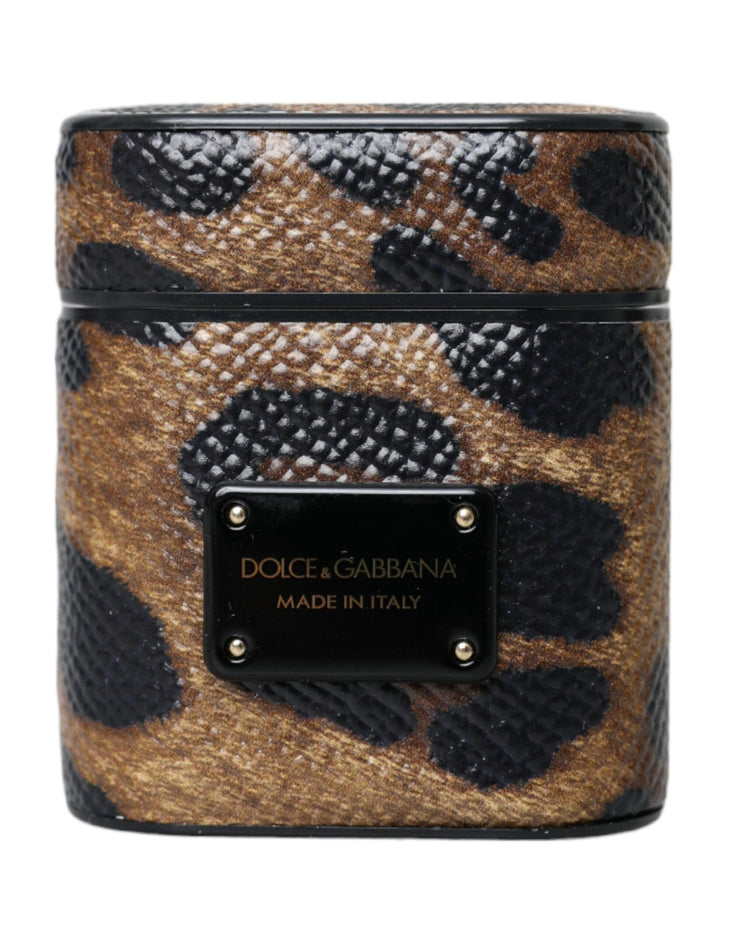 Dolce & Gabbana Brown Leopard Calf Leather Metal Logo Plaque Airpods Case