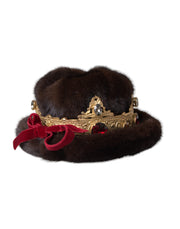 Dolce & Gabbana Dark Brown Mink Fur Gold Crystal Crown Hat