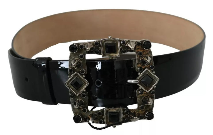 Dolce & Gabbana Black Shiny Leather Crystal Logo Buckle Belt