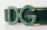 Dolce & Gabbana Green Iguana Leather DG Crystal Gold Buckle Belt