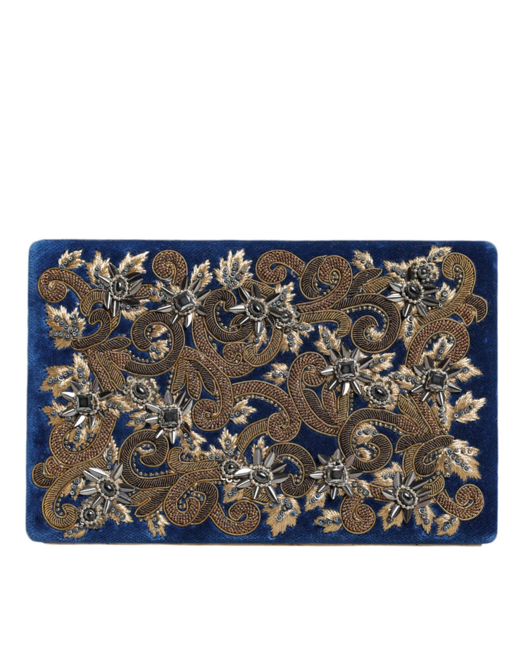 Dolce & Gabbana Blue Velvet Gold Frame Clutch Evening Party Purse Bag