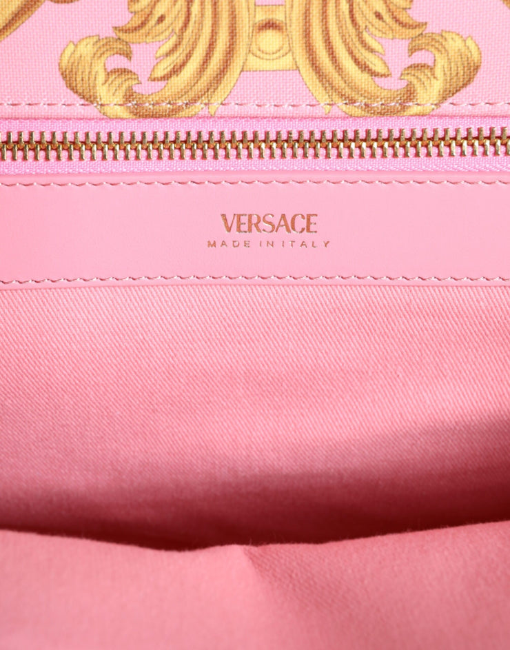 Versace Pink Printed Large Fabric Leather Shopping Tote Bag