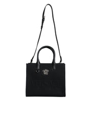 Versace Black Top Handle Canvas Leather Logo Crossbody Tote Bag