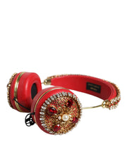 Dolce & Gabbana Red Nappa Leather Floral Crystal Headphone