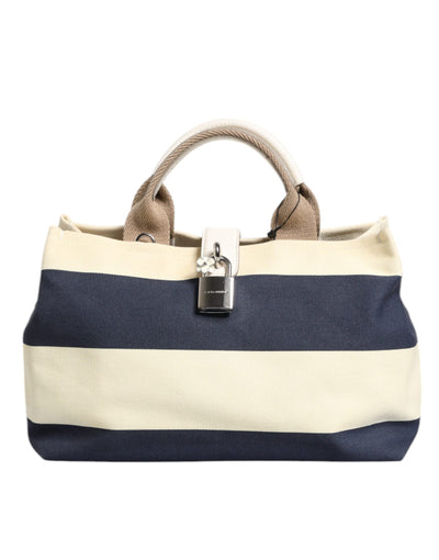 Dolce & Gabbana White Navy Striped Canvas Top Handle Tote Bag