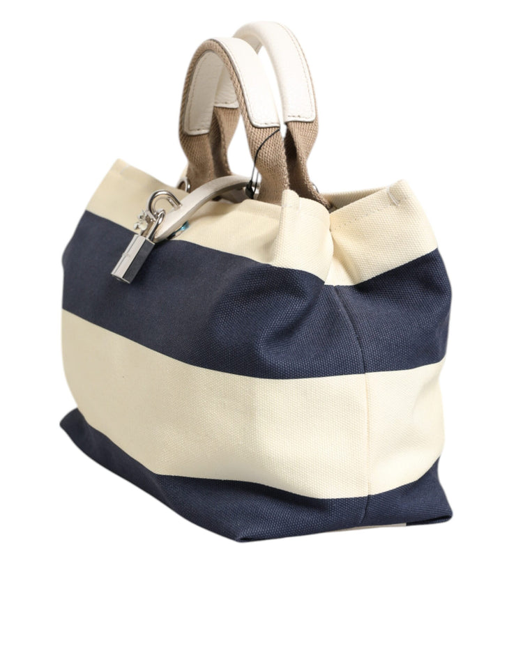 Dolce & Gabbana White Navy Striped Canvas Top Handle Tote Bag