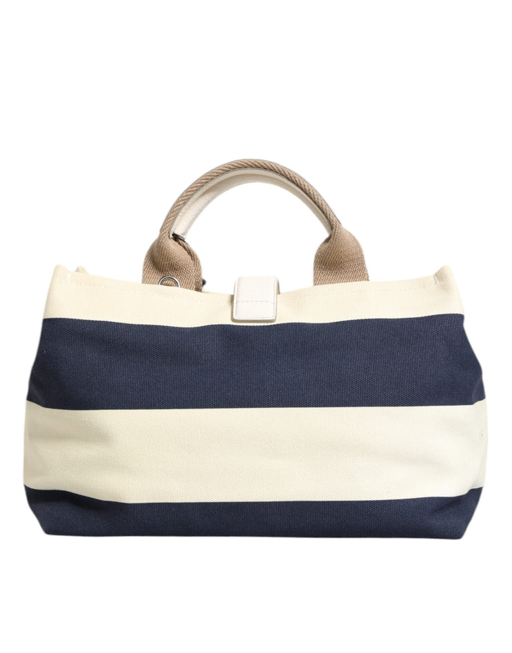 Dolce & Gabbana White Navy Striped Canvas Top Handle Tote Bag