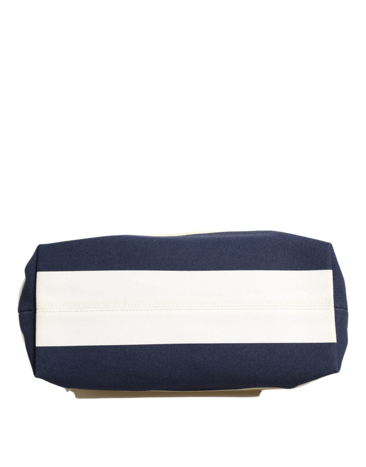 Dolce & Gabbana White Navy Striped Canvas Top Handle Tote Bag