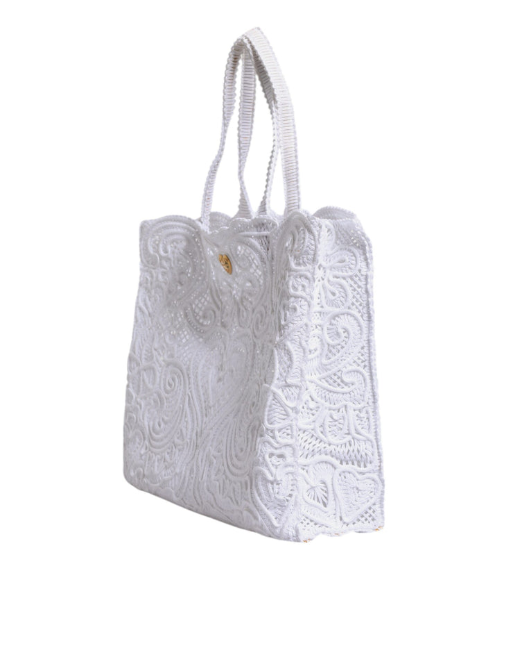 Dolce & Gabbana White Cordonetto Lace Beatrice Shopping Tote Bag