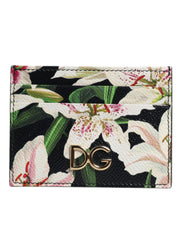 Dolce & Gabbana Black Floral Leather Card Holder DG Logo Plaque Wallet