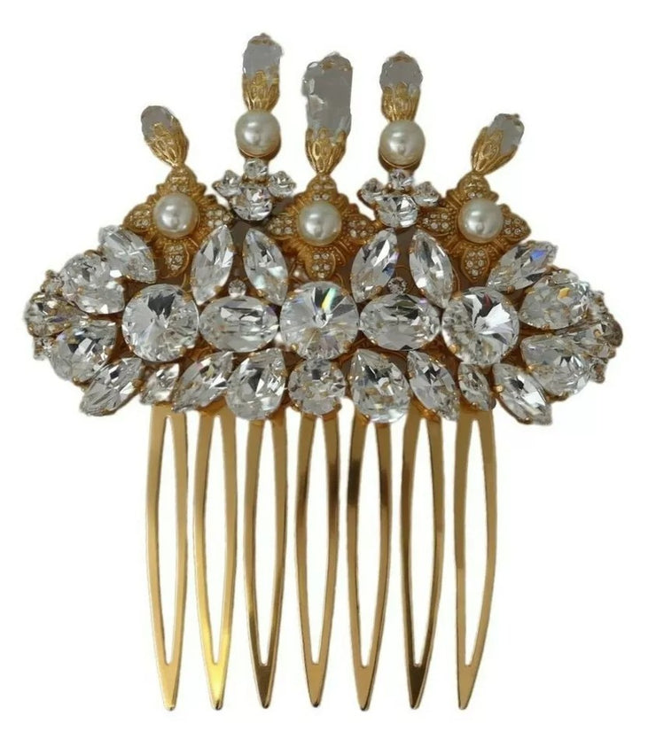 Dolce & Gabbana Gold Brass Clear Crystal Hair Stick Accessory Comb