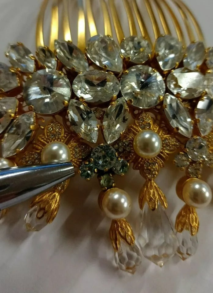 Dolce & Gabbana Gold Brass Clear Crystal Hair Stick Accessory Comb