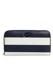 Dolce & Gabbana White Blue Striped Leather Zip Around Continental Wallet