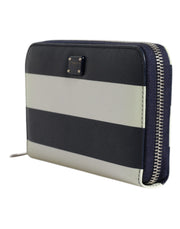 Dolce & Gabbana White Blue Striped Leather Zip Around Continental Wallet