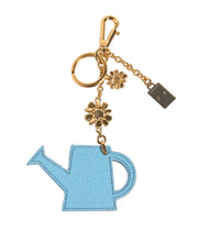 Dolce & Gabbana Blue Leather Watering Can Logo Plaque Keychain Keyring