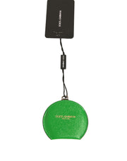 Dolce & Gabbana Green Calfskin Leather Round Logo Hand Mirror Holder