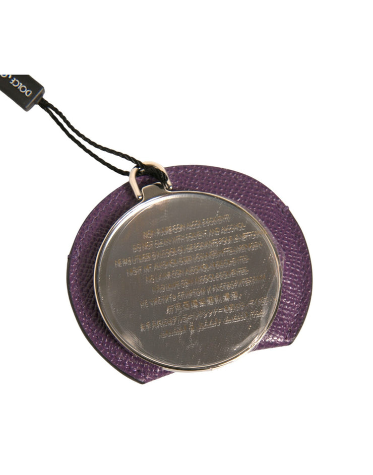 Dolce & Gabbana Purple Calfskin Leather Round Logo Hand Mirror Holder