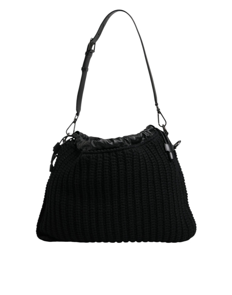 Dolce & Gabbana Black Cashmere Knitted Leather Shoulder Bag