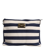 Dolce & Gabbana Blue White Stripes Logo Plaque Tote Bag