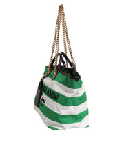 Dolce & Gabbana White Green Stripes Canvas Gold Chain Tote Bag