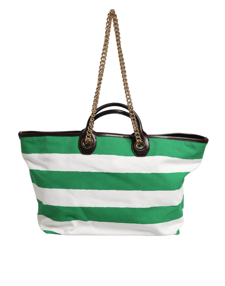 Dolce & Gabbana White Green Stripes Canvas Gold Chain Tote Bag