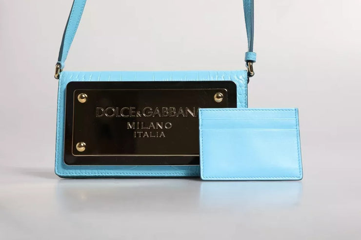 Dolce & Gabbana Blue Branded Maxi Plate Leather Crossbody Phone Bag