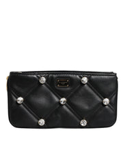 Dolce & Gabbana Black Leather Crystal Embellished Logo Shoulder Bag