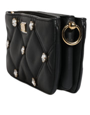 Dolce & Gabbana Black Leather Crystal Embellished Logo Shoulder Bag