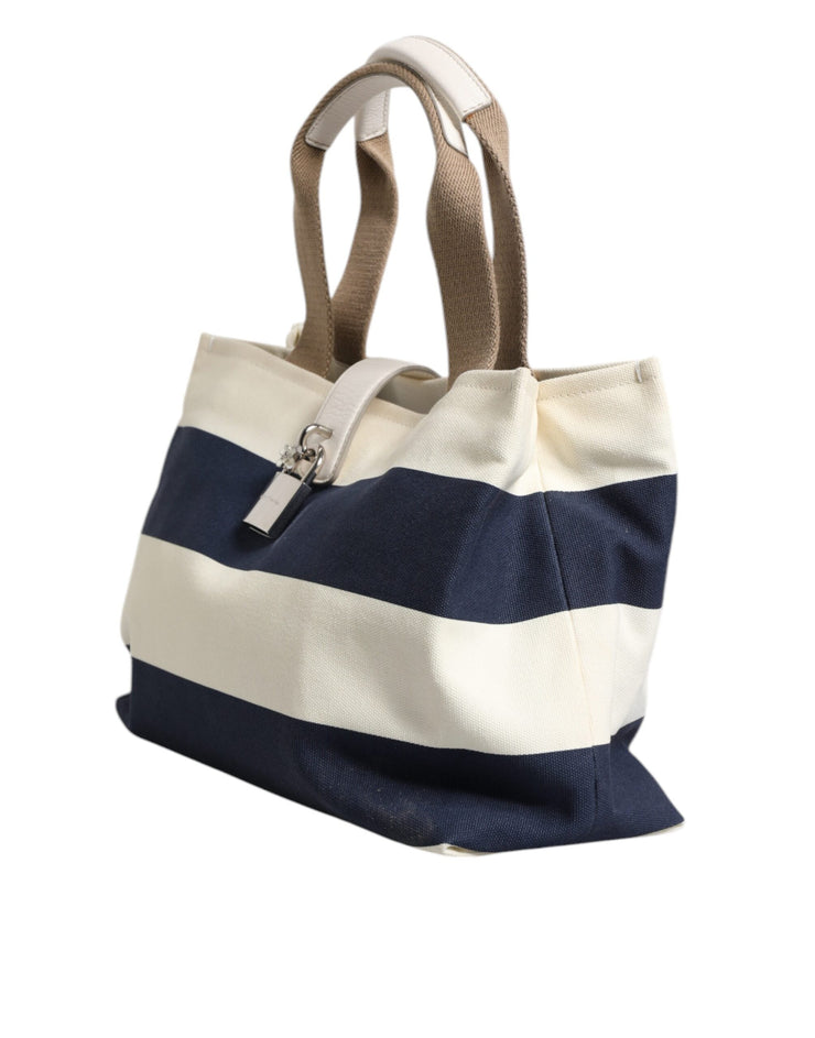 Dolce & Gabbana White Navy Striped Canvas Top Handle Tote Tote Bag