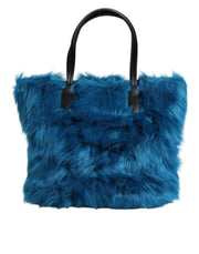 Dolce & Gabbana Blue Fur Logo Plaque Double Handle Shoulder Bag