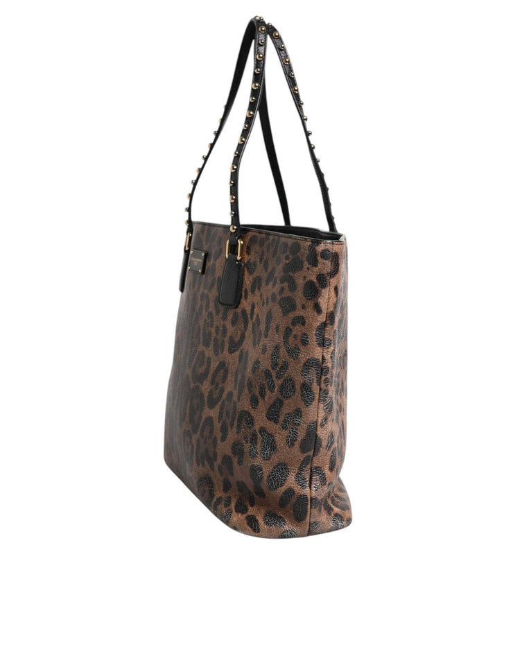 Dolce & Gabbana Brown Black Calfskin Leopard Print Shoulder Tote Bag