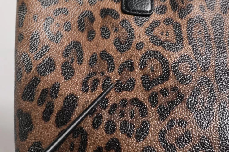 Dolce & Gabbana Brown Black Calfskin Leopard Print Shoulder Tote Bag