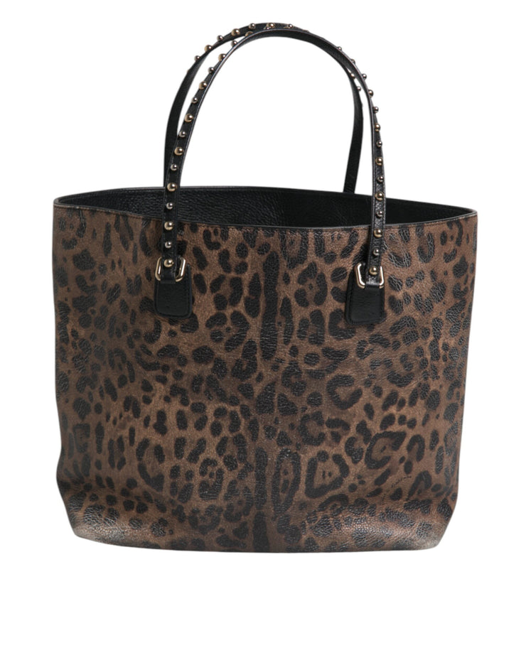 Dolce & Gabbana Brown Black Calfskin Leopard Print Shoulder Tote Bag