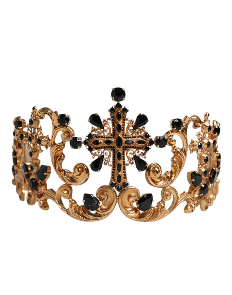 Dolce & Gabbana Gold Tone Brass Cross Crystal Embellished Crown Tiara